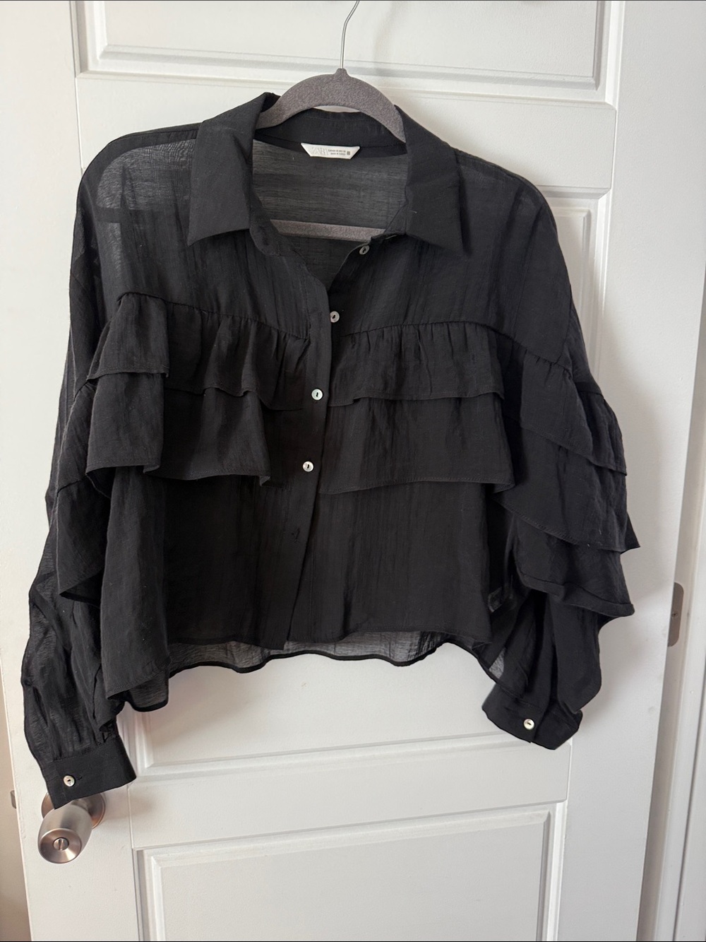 Zara Black Layered Ruffle Button-Down Blouse